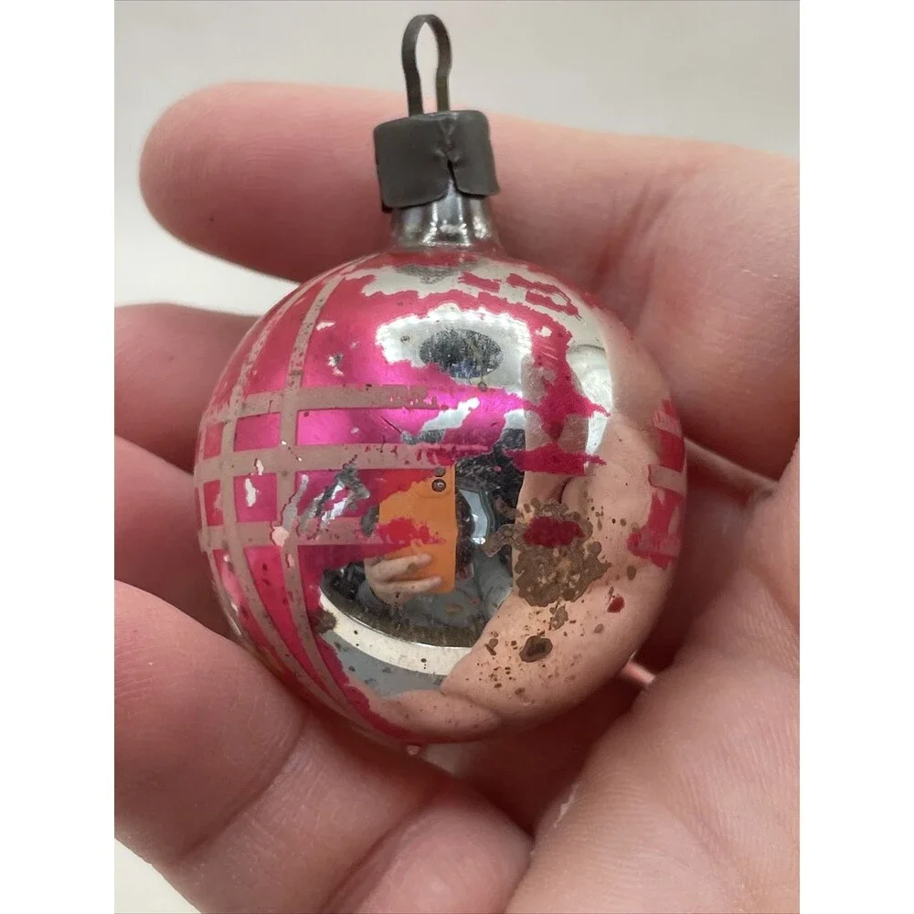 2 Vintage Mercury Glass Painted Christmas Ornaments Floral Striped Holiday Tree